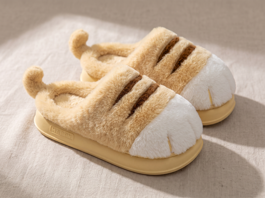 Kitty Paw Slippers — Tabby slide pair