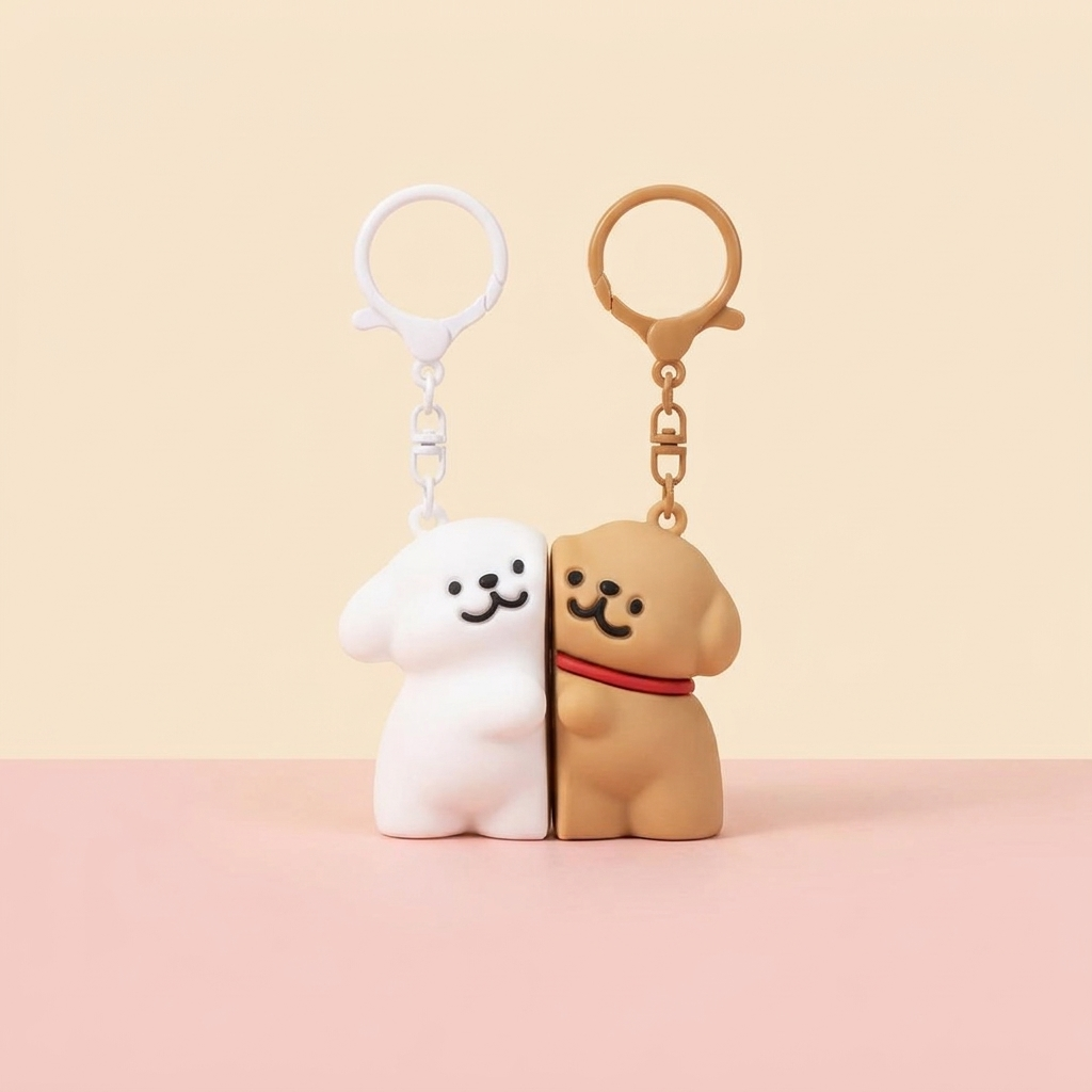 Puppy Pair Keychain magnetic couple keyring, white and tan