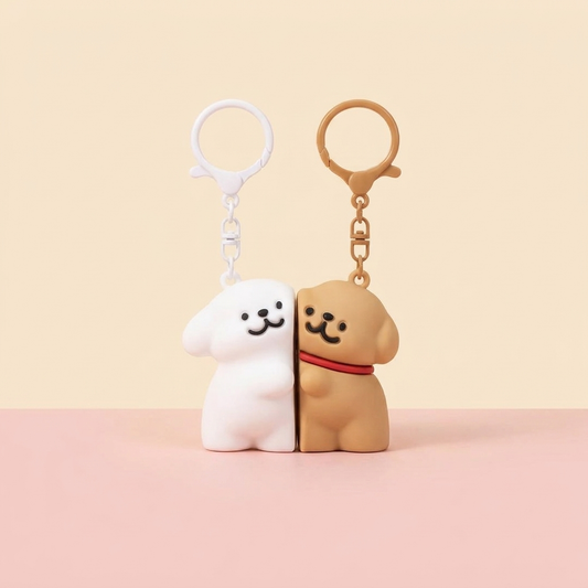 Puppy Pair Keychain magnetic couple keyring, white and tan