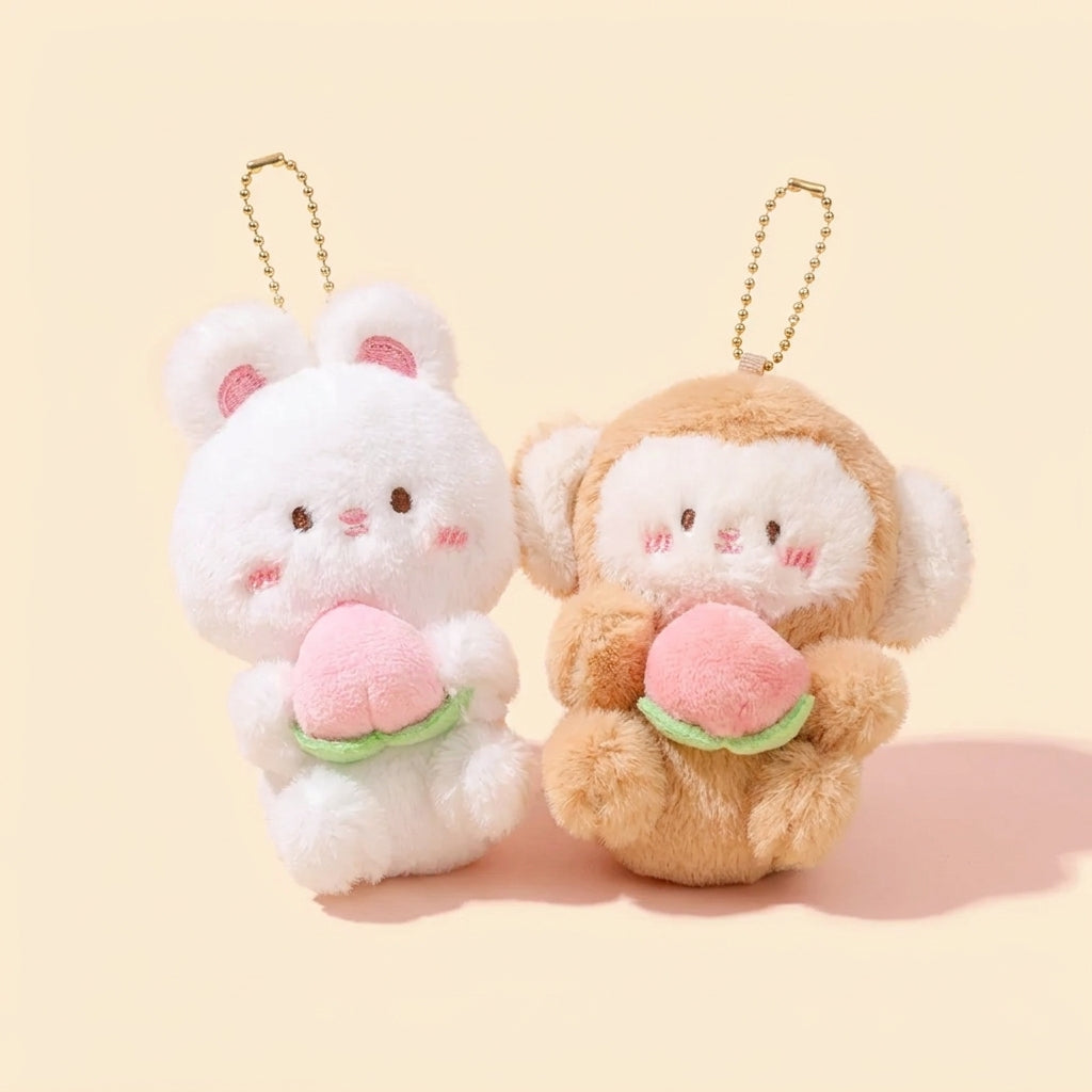 Peach Bunny & Hamster Pair Keychain, studio product photo